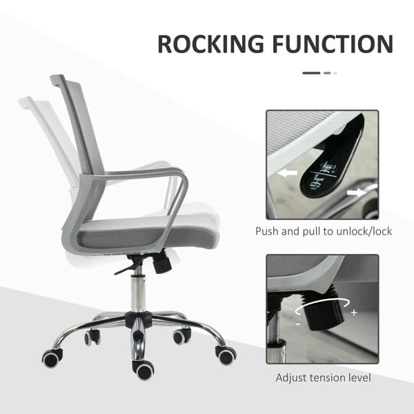 Grey office chair with rocking function control, padded seat, mesh back, and swivel casters