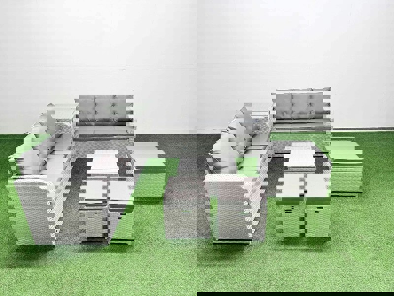 Fimous Outdoor Garden Furniture Set 9 Seater Rattan Furniture Sofa Set with Square Coffee Table high Back Lounge Sofa 3 Stools Side Table Light Grey