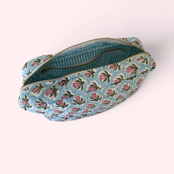 Hayley & Co XL Toiletry Bag - Quilted Cotton Large Wash Bag in Pale Blue and Pink Floral Block Print