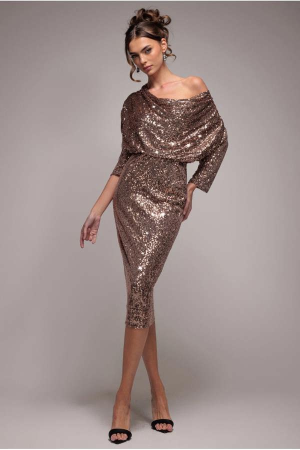 Sequin Cowl Neck Midi Dress - Champagne DR3321A