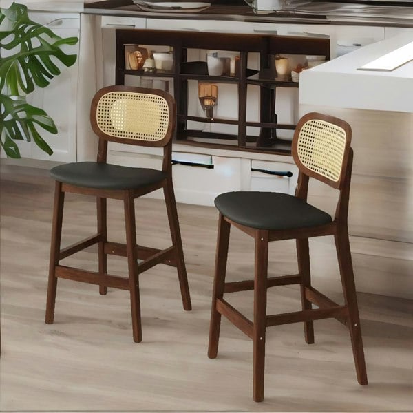 Rafaelo Mobilia Set Of 2 Faux Leather Bar Stools With Rattan Back and Wooden Legs Brown