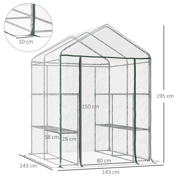 Walk-in greenhouse clear cover on green steel frame, size diagram and front zip door