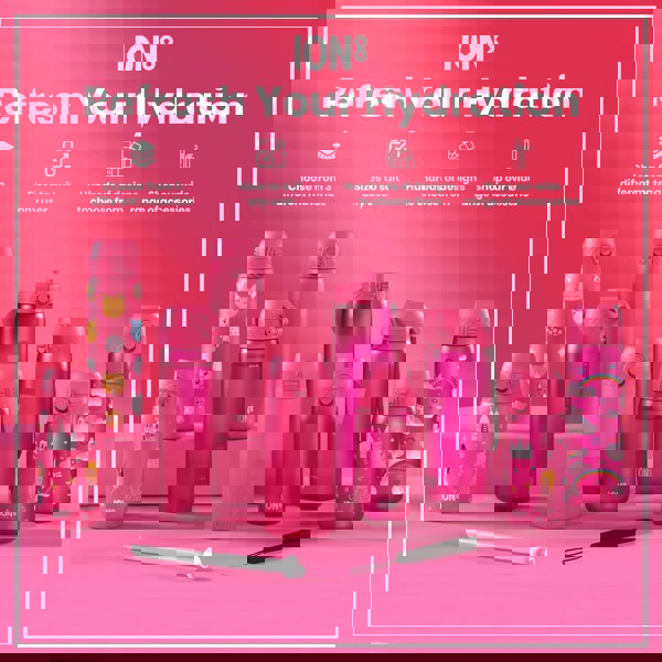 Pink ION8 water bottles, of various sizes and designs, are displayed on a pink surface; accessories are shown. Refresh Your Hydration. Choose from 3 different materials. Sizes to suit any user. Hundreds of designs to choose from. Shop our wide range of accessories.