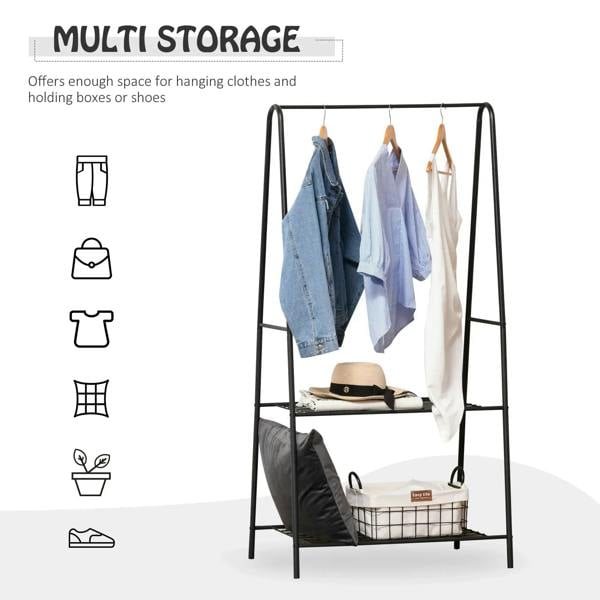 Black hanging coat rack with A-shaped frame and two wire shelf levels