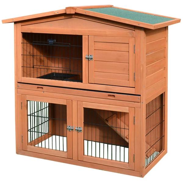 2-tier outdoor rabbit hutch with natural wood frame, hinged doors, and wire front panels