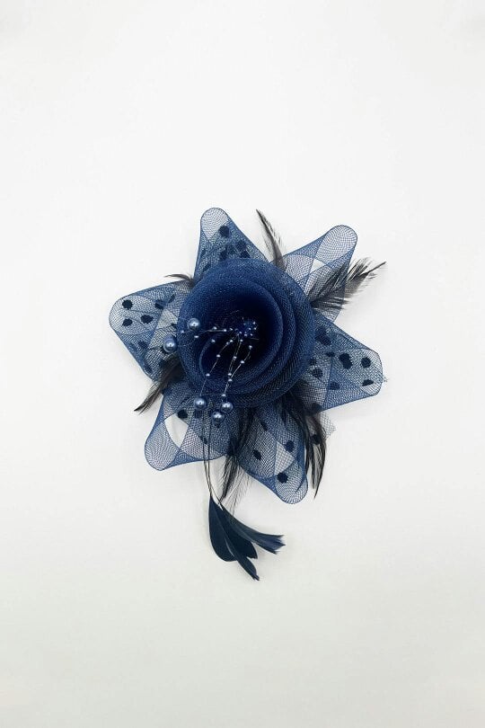 SVNX Rosette Faux Pearl & Polka Veil Feather Fascinator in Navy and Black