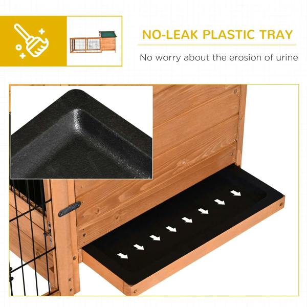 Wooden pet hutch with no-leak plastic slide-out tray and secured door side panel