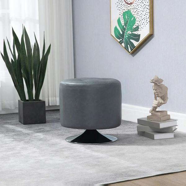 Grey round PU ottoman footstool with thick padded top and wide swivel base