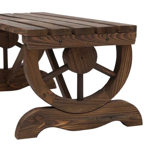 Wyld Haus Vini Wood Brown Rustic Garden Bench With Wagon Wheel Legs And Slatted Seat For 2