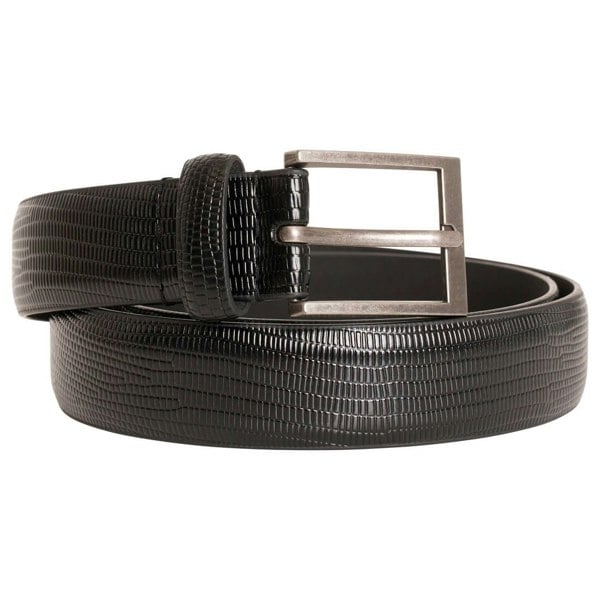 Image displays a black faux leather belt with a silver buckle. The belt has a shiny finish and a unique scaled emboss texture.