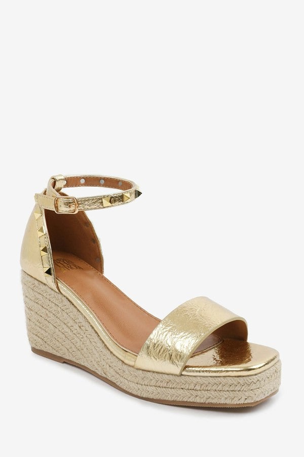 Where's That From Presley Wedge Sandals With Gladiator  Ankle Strap in Gold Crease Pu