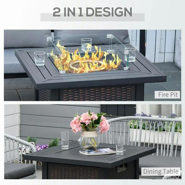 Black square propane fire pit table with burning flames behind glass wind guard