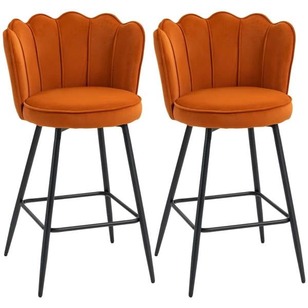 Set of two orange velvet-look bar stools with arched tufted backs and black metal legs