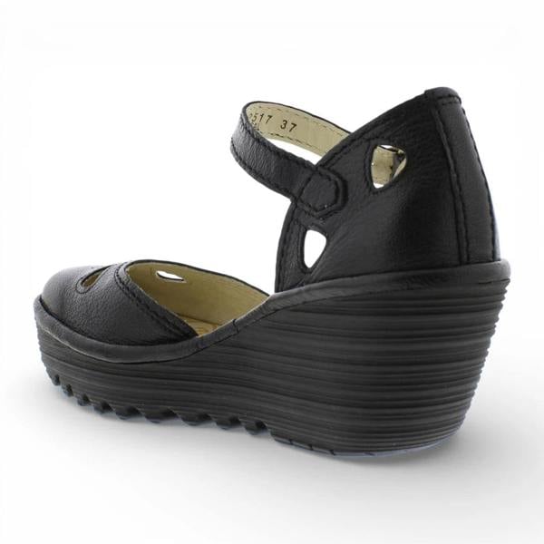 Fly London YUNA - Women’s Black Leather Wedge Sandals