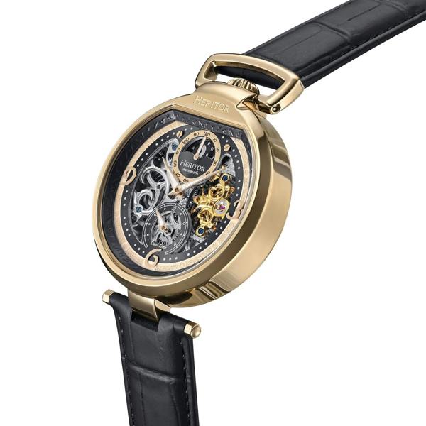 Heritor Automatic Lincoln Semi-Skeleton Leather-Band Watch - Gold/Black - HERHS3604