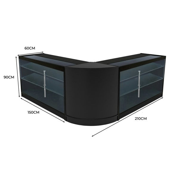 Black Helios LED Shop Counter Set featuring a sleek design with glass shelves, measuring 60cm high, 210cm wide, and 150cm deep