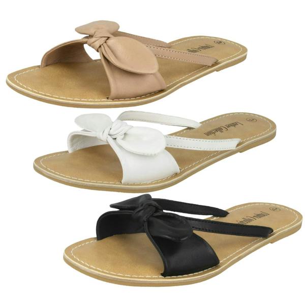Leather Collection Ladies Leather Collection Flat Twist Bow Mule Sandals