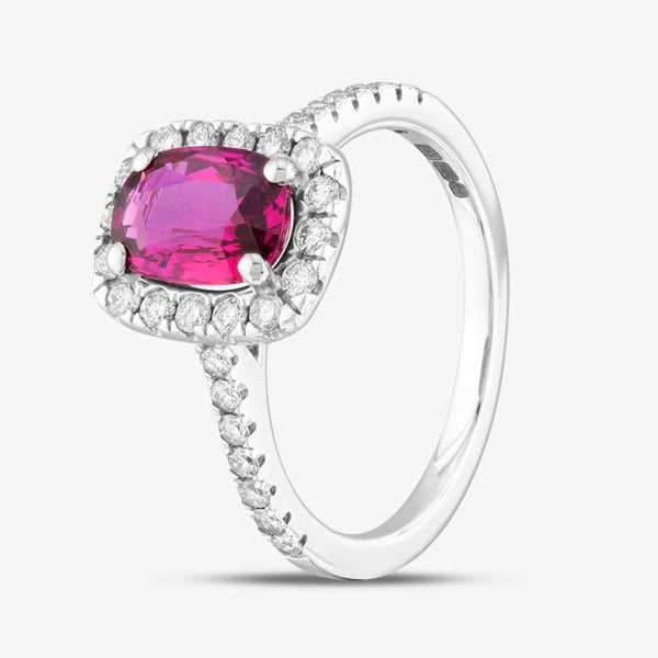 T. H. Baker 18ct White Gold 1.53ct Oval Cut Ruby & 0.50ct Brilliant Cut Diamond Halo Shoulder Set Ring DRR9002-18W-G/VS