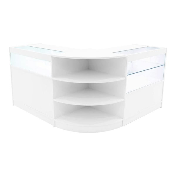 Harmonia LED Shop Counter Set in white, featuring a sleek, modern design with glass display sections and curved edges, ideal for retail spaces