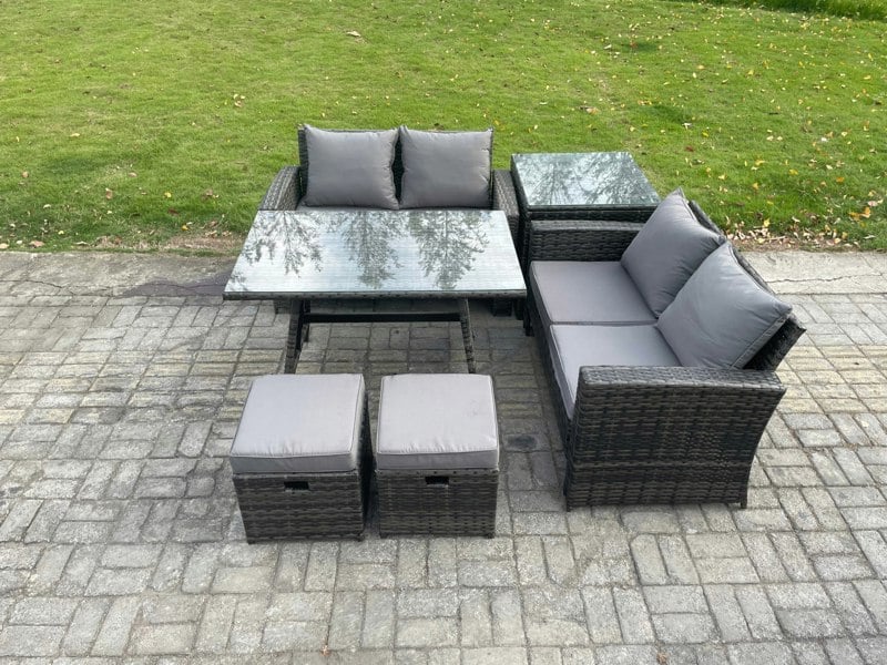 Fimous 6-Piece Dark Grey Wicker Rattan Outdoor Sofa Set | Patio Conversation Set, Side Table, 2 Footstools