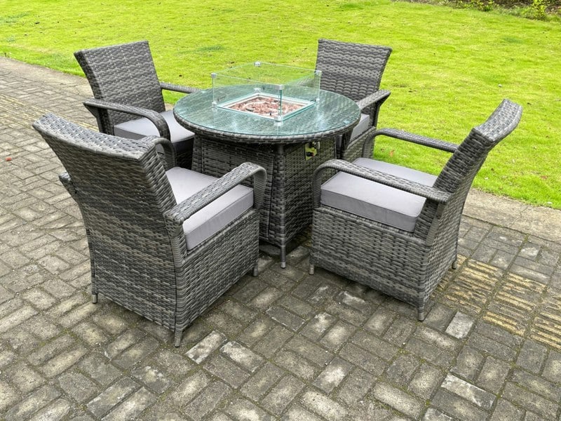 Fimous Rattan Garden Furniture Gas Fire Pit Round Dining Table Set Gas Heater And Dining Chairs 4 Seater