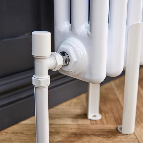 Flode Angled Round Thermostatic TRV & Lockshield | 15mm X 1/2" | Matt White Finish