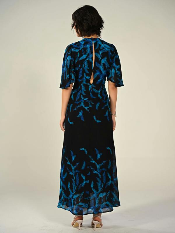 Rose & Nancy Talia Black Feather Print Maxi Dress