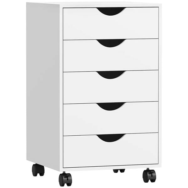 White five-drawer filing cabinet with rounded black pull handles and rolling casters