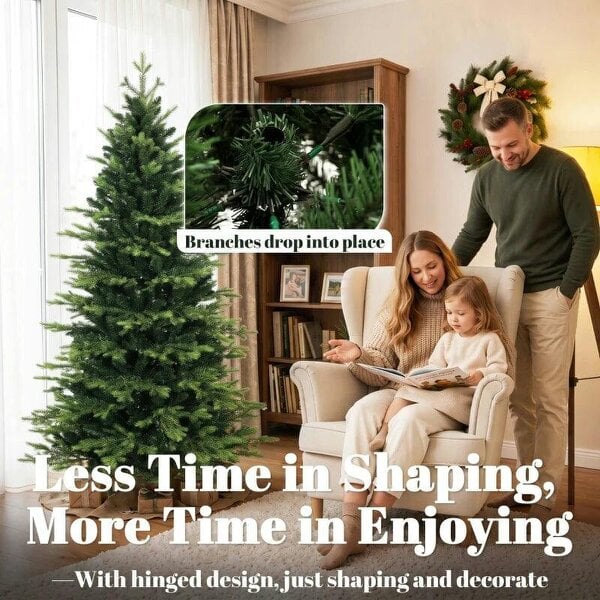 Bobobiy Geneva Fir Hinged Xmas Tree, 6ft/180cm Artificial Christmas Tree with 1610 Branch Tips, Foldable Steel Stand, Green
