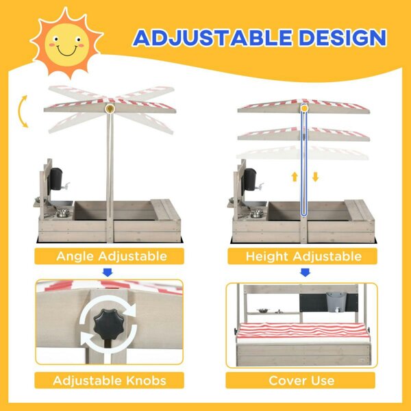 Dyzi Kids Wooden Sandbox with Adjustable Canopy Kitchen Playset and Seat