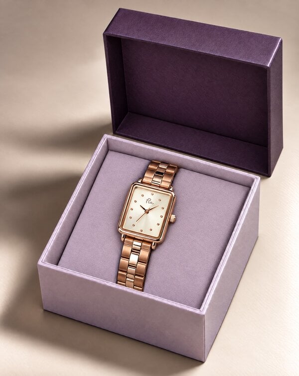 Pia Rose Gold-Tone Watch, Link Bracelet Strap, Square Case, Analogue