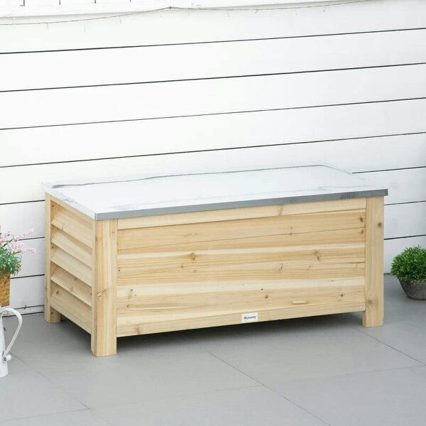 155L Outdoor Storage Box with Metal Top and Shutter Walls, Wooden Outside Tool organiser Container, for Garden, terrace - Natural wood finish