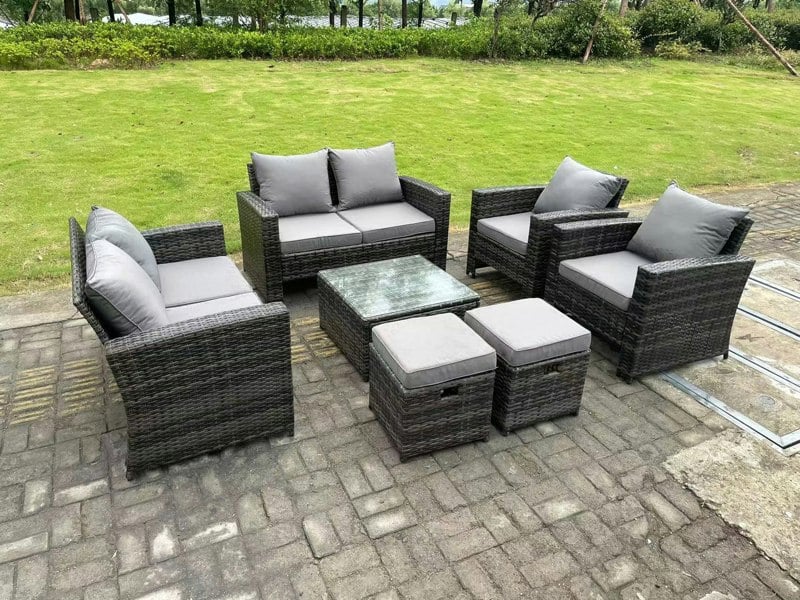 Fimous 8 Seater Dark Grey Mixed High Back Rattan Sofa Set Square Coffee Table Garden Furniture 2 Seater Sofa Chairs Outdoor Patio Stools