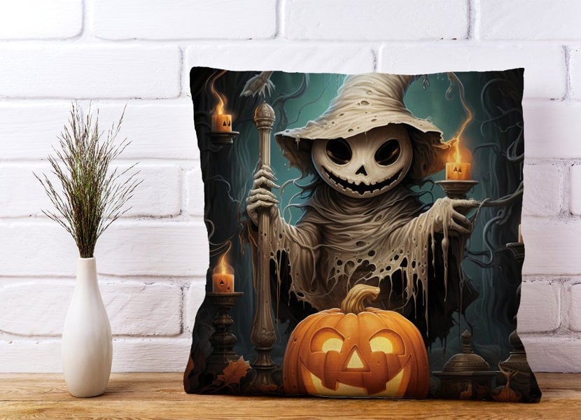 Warren Reed Creepy Ghost With Pumpkins Cushions