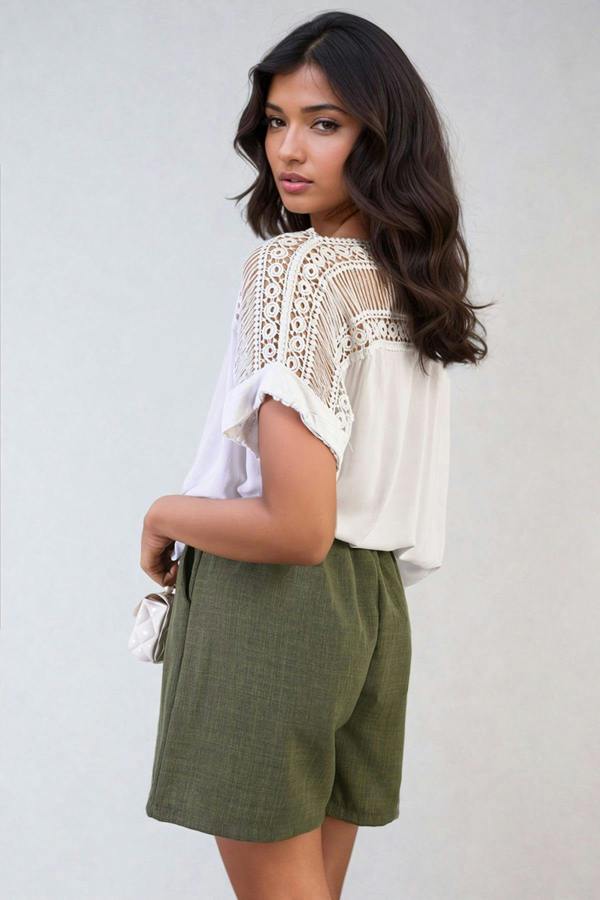 Sylvia Lace Insert Round Neck Hollow Top - White