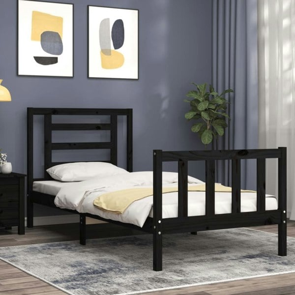 Berkfield Bed Frame with Headboard Black Small Single Solid Wood