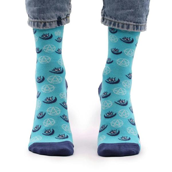 Turquoise bamboo socks with navy pentagram and evil eye prints, crew length.