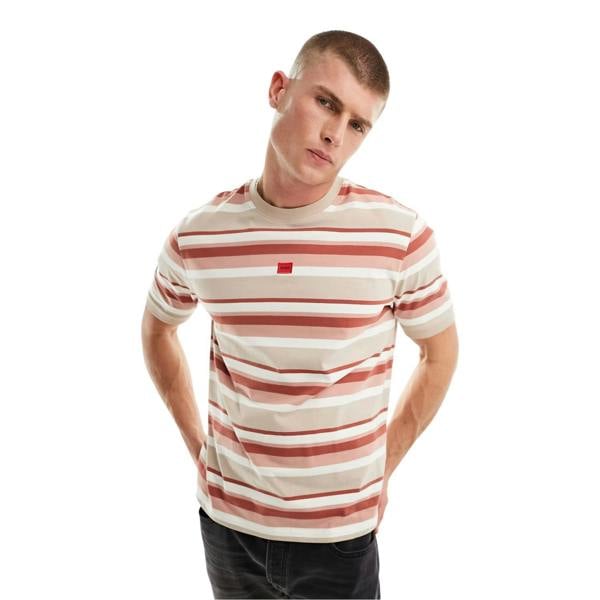 Hugo Mens Diragolino Striped Logo Oversized T-Shirt - Pink/White - 