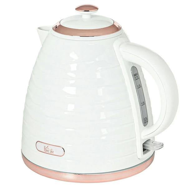 Cream electric kettle with rose-gold lid and base, clear water level window, side gauge