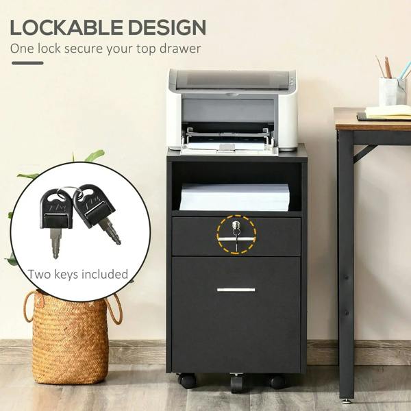 Black lockable filing cabinet with key cylinder and two pull drawers on casters