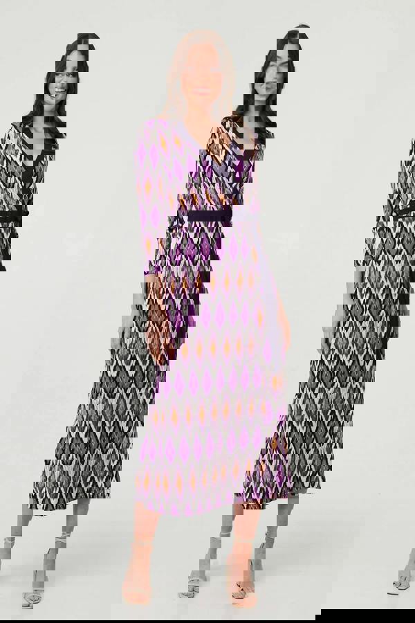 Purple | Geo Print 3/4 Sleeve Wrap Midi Dress