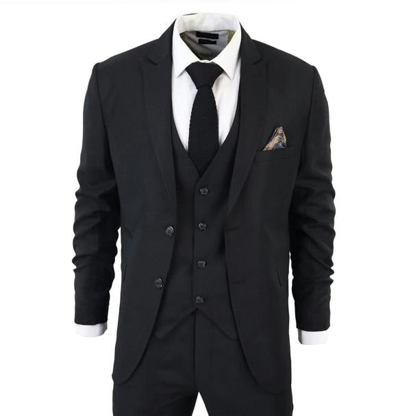 TruClothing Mens IM1 Classic Plain Black 3 Piece Suit