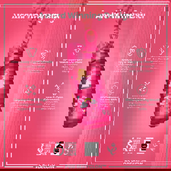 A pink children's water bottle is being held; it features a hide-away handle, a crevice-free design, and a wide mouth. The bottle's design is award-winning.