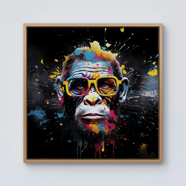 Warren Reed Coloured Splash Art Monkey Face Framed Canvas