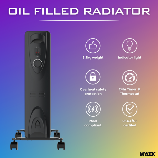 MYLEK Oil Filled Radiator 2500W Portable Heater Thermostat 3 Heat Settings Grey