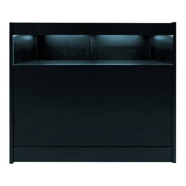 Sleek black Iris LED shop counter set featuring a modern design, illuminated shelves, and a smooth, matte finish for retail displays