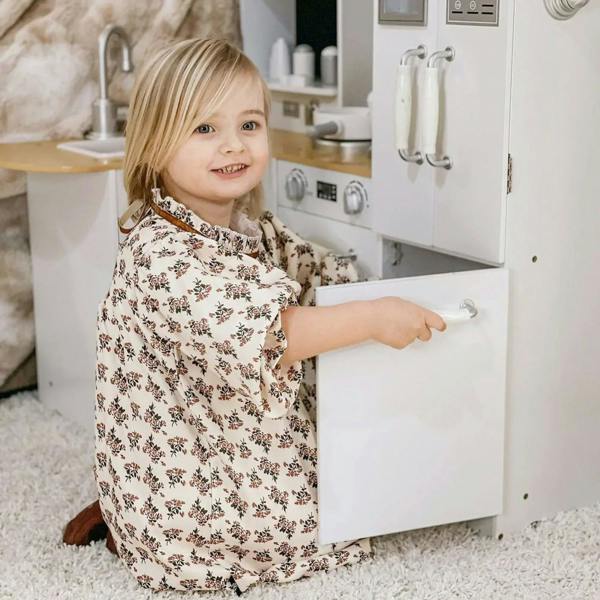 White kids play kitchen front cabinet drawer with handle