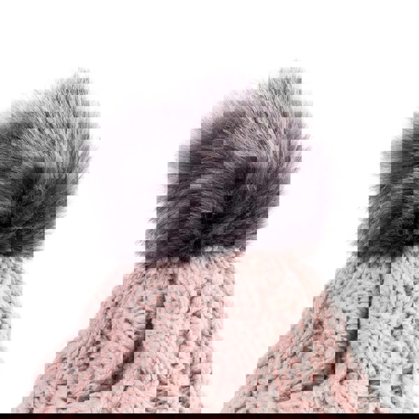 Aran Diamond Cable Button Hat Fisherman Stitch Pom Pom Hat | Chunky Rib Knit with Faux Fur Pom Pom