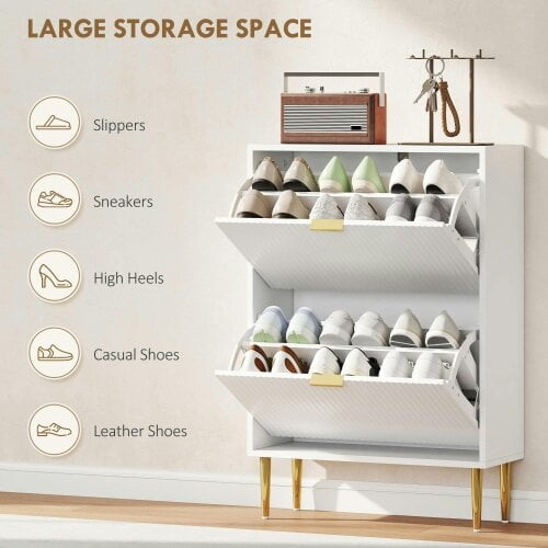 Wyld Haus Baviva Wooden White Elegant 2 Drawer Shoe Cabinet Ribbed Design
