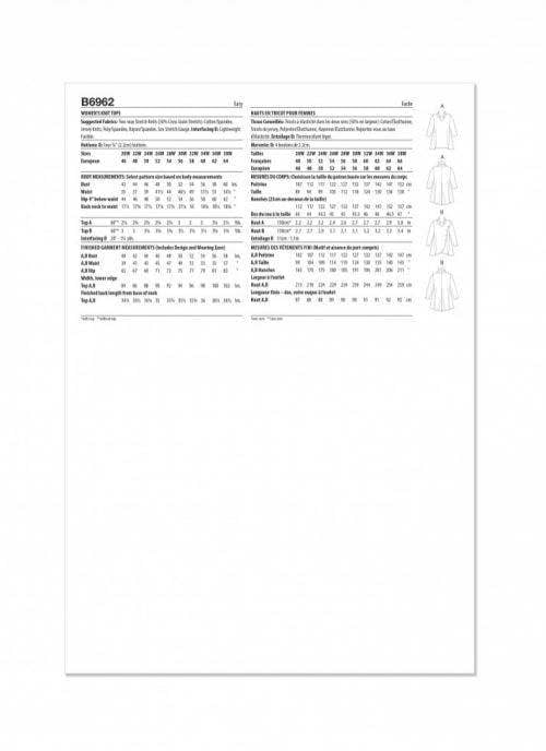 Butterick Sewing Pattern 6962, Tops for Women, W2 (20W-22W-24W-26W-28W) - Easy